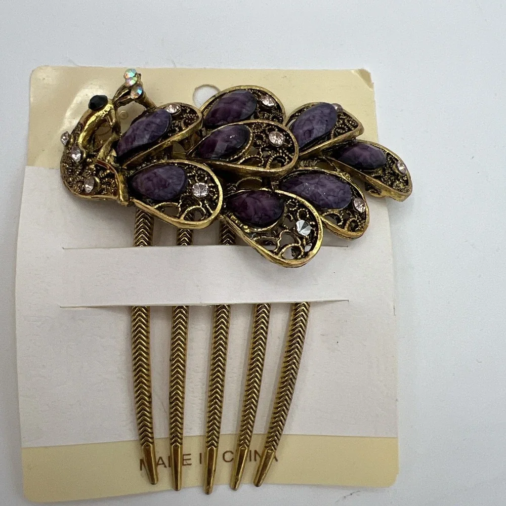 Peacock beads & Rhinestones Hair Comb purple , black and AB‎ gold tone